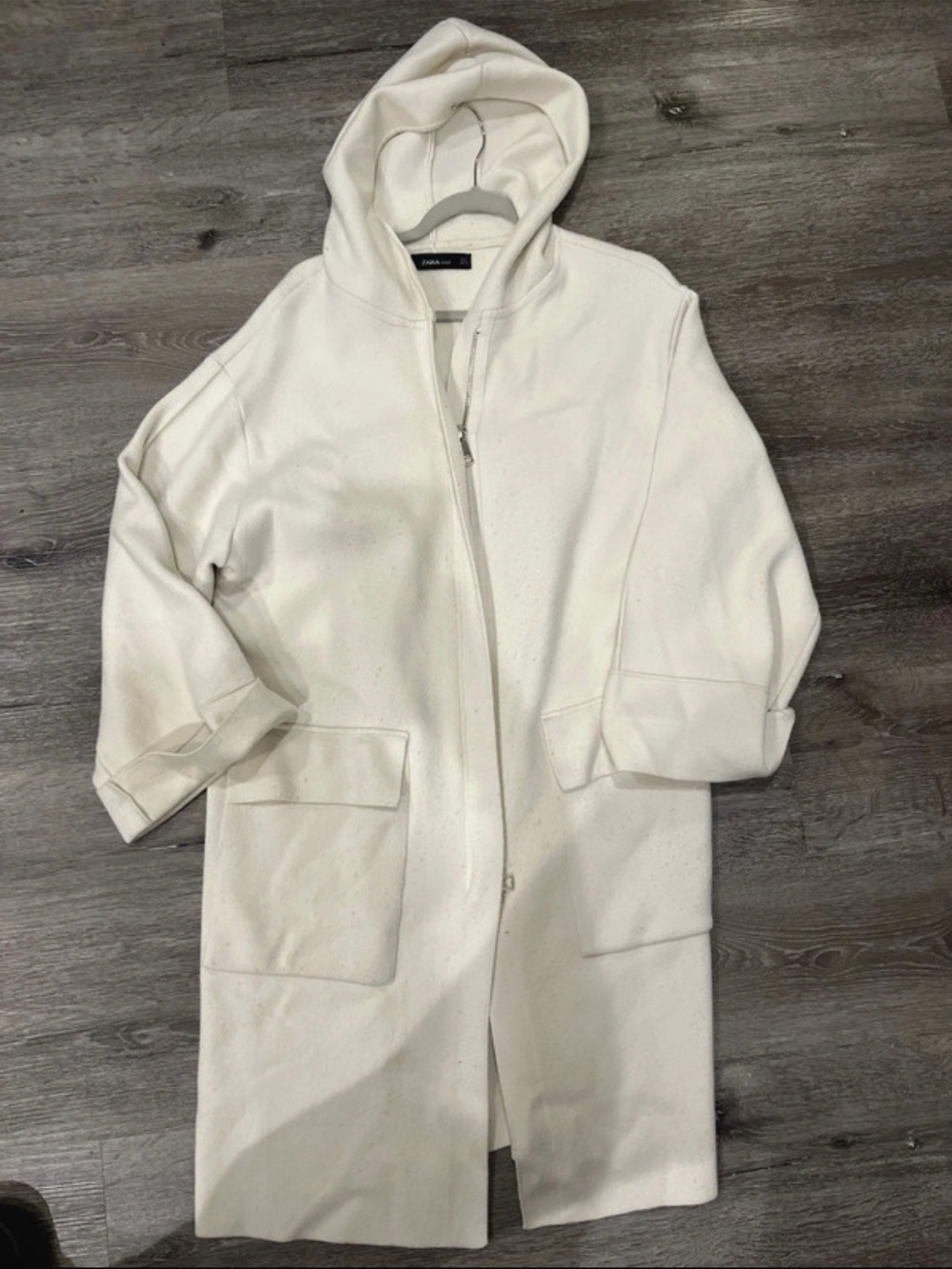 Zara Cream Hooded Zip-Front Wool Coat